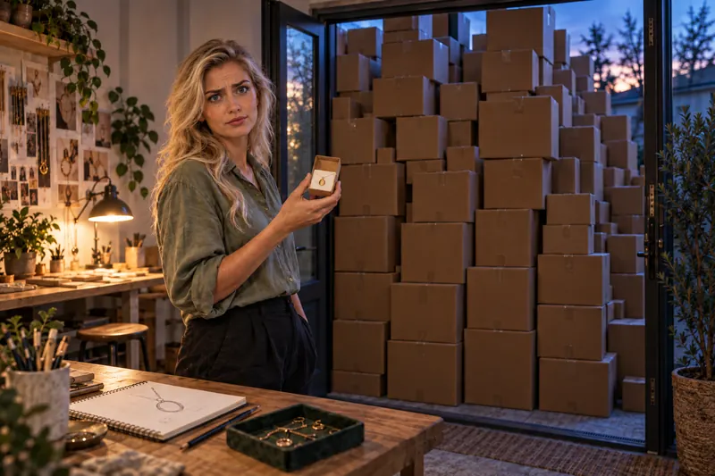 A seller holds one small sample box while her doorway is stacked to the ceiling with boxes.